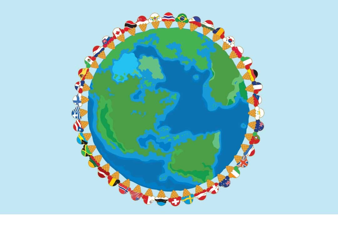 Een geïllustreerde aarde omgeven door hoorntjes met internationale vlaggen in plaats van ijs