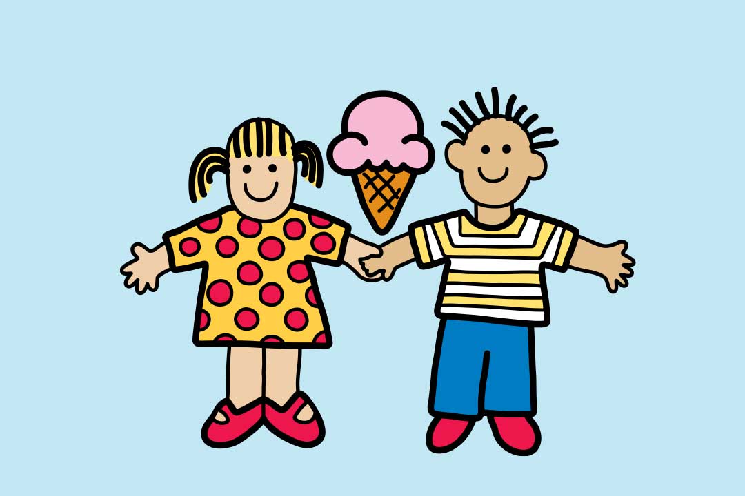 2 kinderen hand in hand met een ijshoorntje